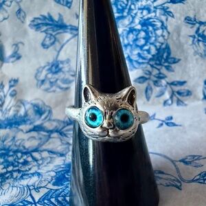Silver Vintage Big Blue Eyes Cat Ring, Adjustable 🐈‍⬛ Purrfect for cat lovers